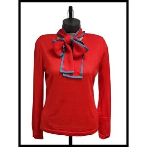 Escada 100% Virgin Wool Sweater Attached Collar Tie Scarf Orange Red Gray Large